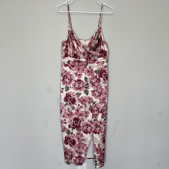 Express Midi Dress Women's 10 Pink Cream Floral Satin V Neck Wrap Sleeveless - Picture 1 of 14